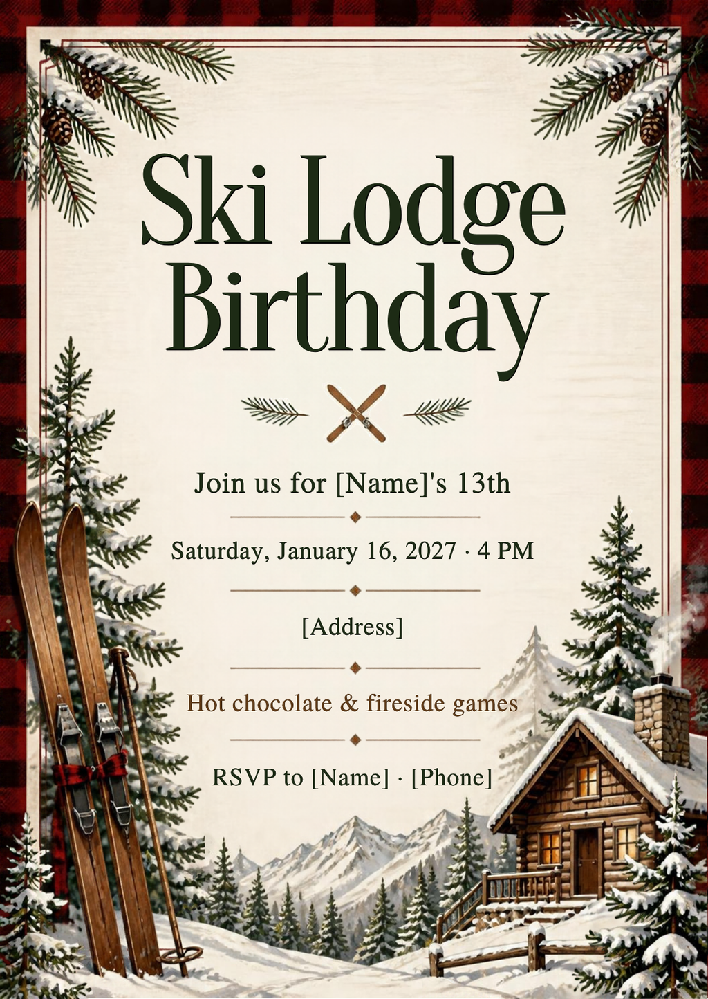 Ski Lodge Birthday Party Invitation – Editable Canva Template