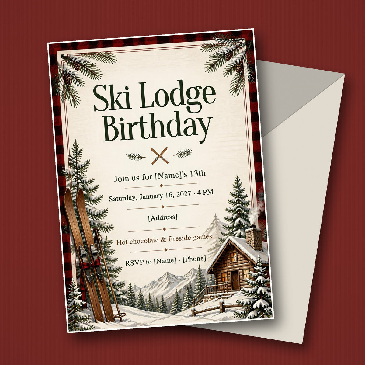Ski Lodge Birthday Party Invitation – Editable Canva Template