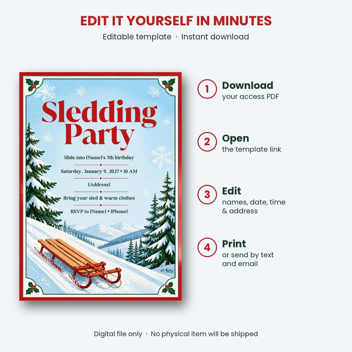 Sledding Party Birthday Invitation – Editable Canva Template