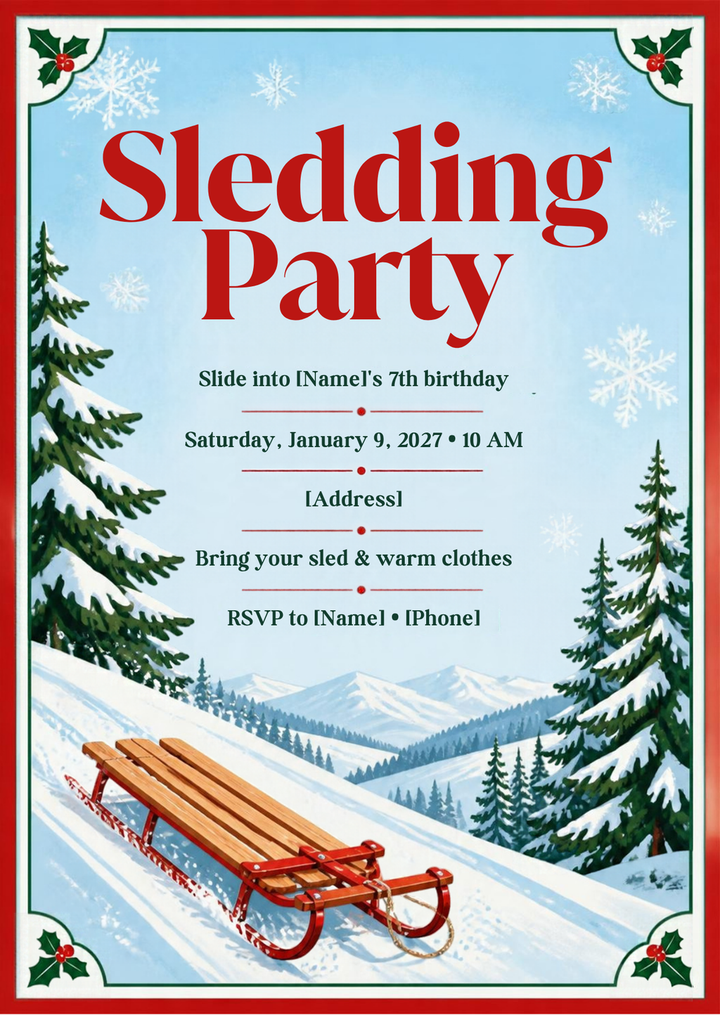 Sledding Party Birthday Invitation – Editable Canva Template
