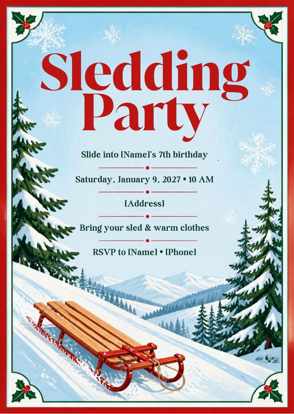 Sledding Party Birthday Invitation – Editable Canva Template