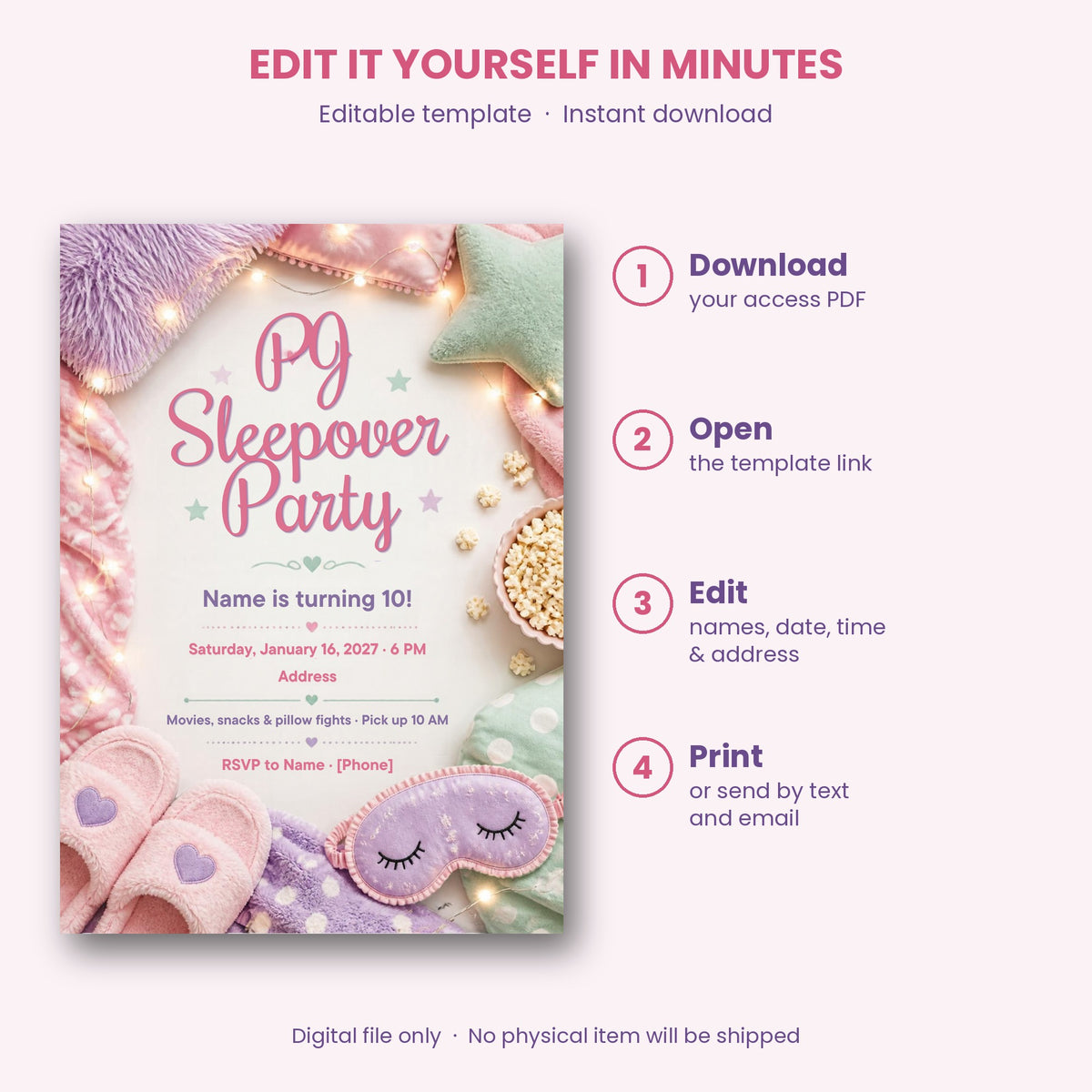 Pajama Sleepover Birthday Party Invitation – Editable Canva Template