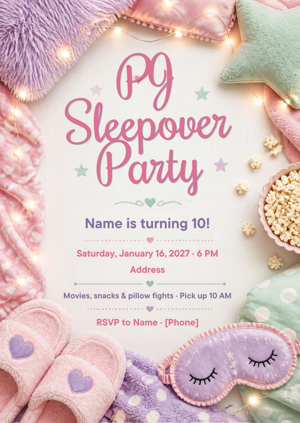 Pajama Sleepover Birthday Party Invitation – Editable Canva Template