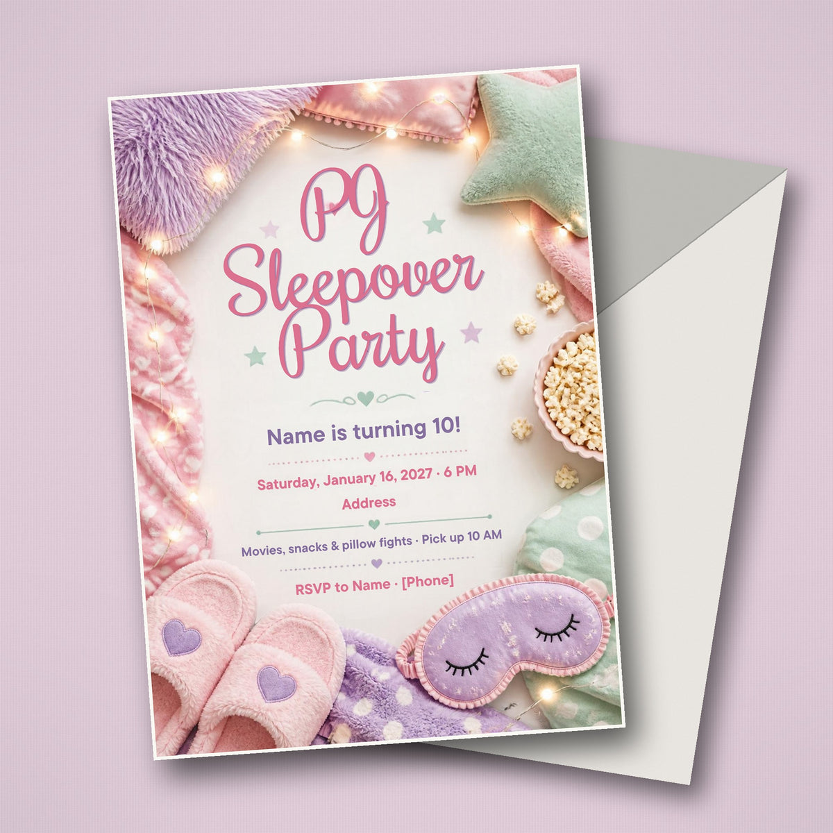 Pajama Sleepover Birthday Party Invitation – Editable Canva Template