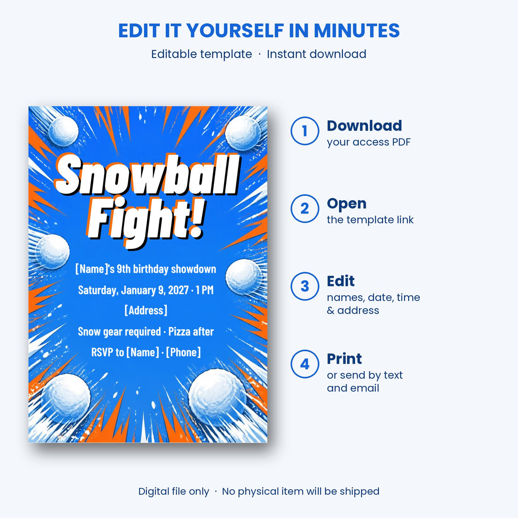 Snowball Fight Birthday Party Invitation – Editable Canva Template