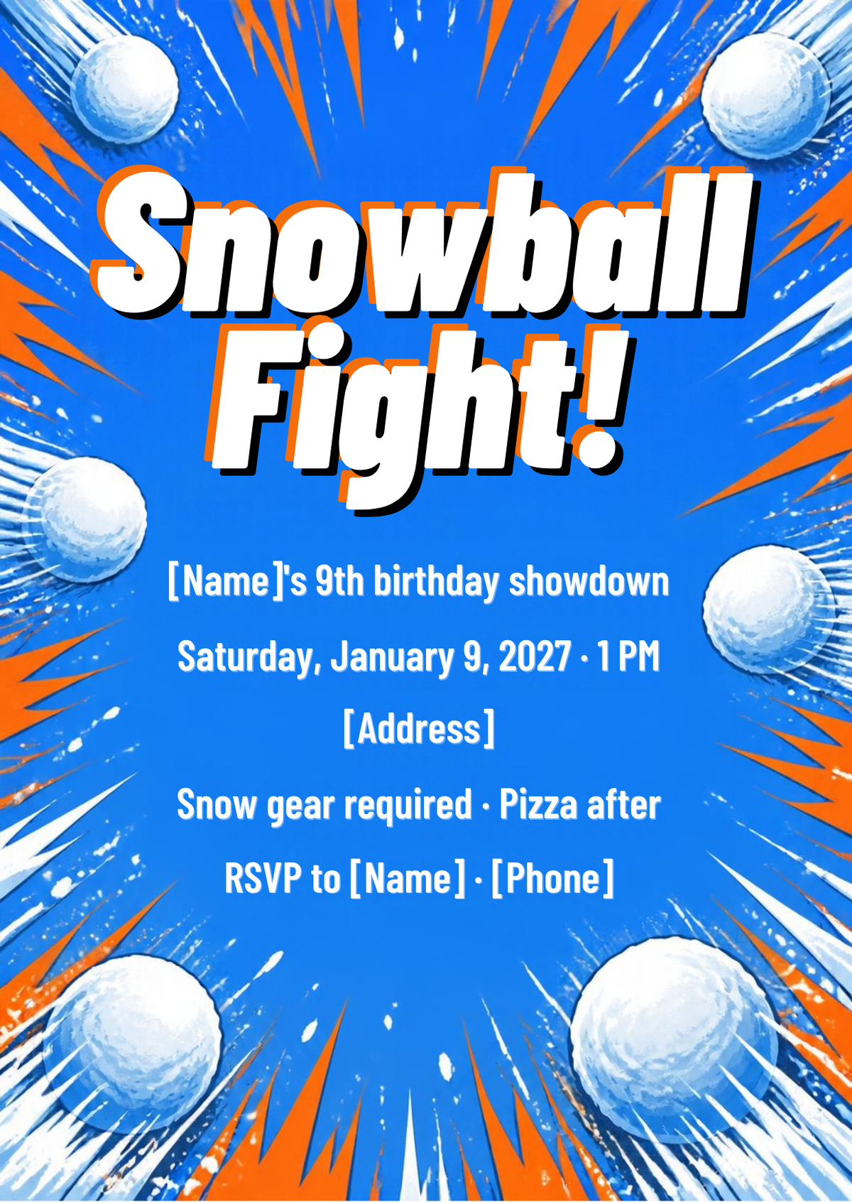 Snowball Fight Birthday Party Invitation – Editable Canva Template