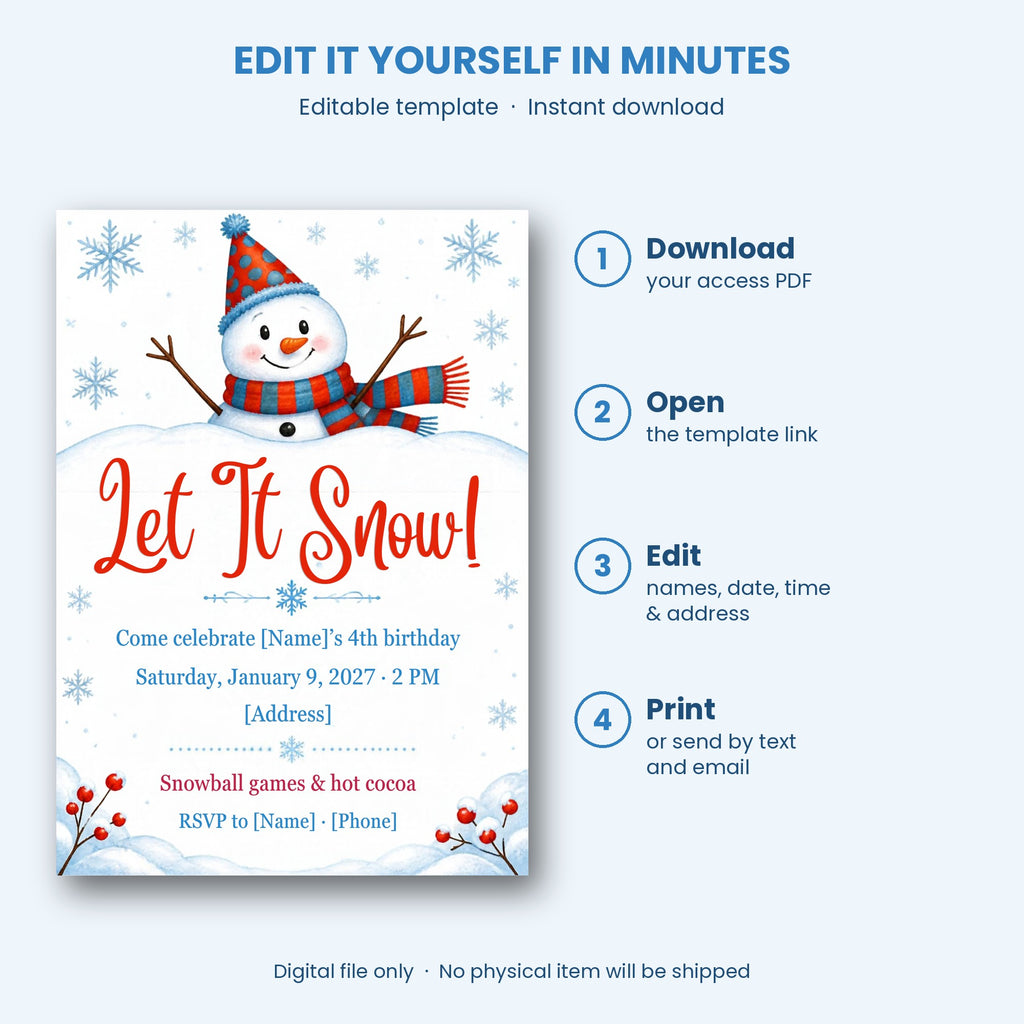 Snowman Winter Birthday Party Invitation – Editable Canva Template