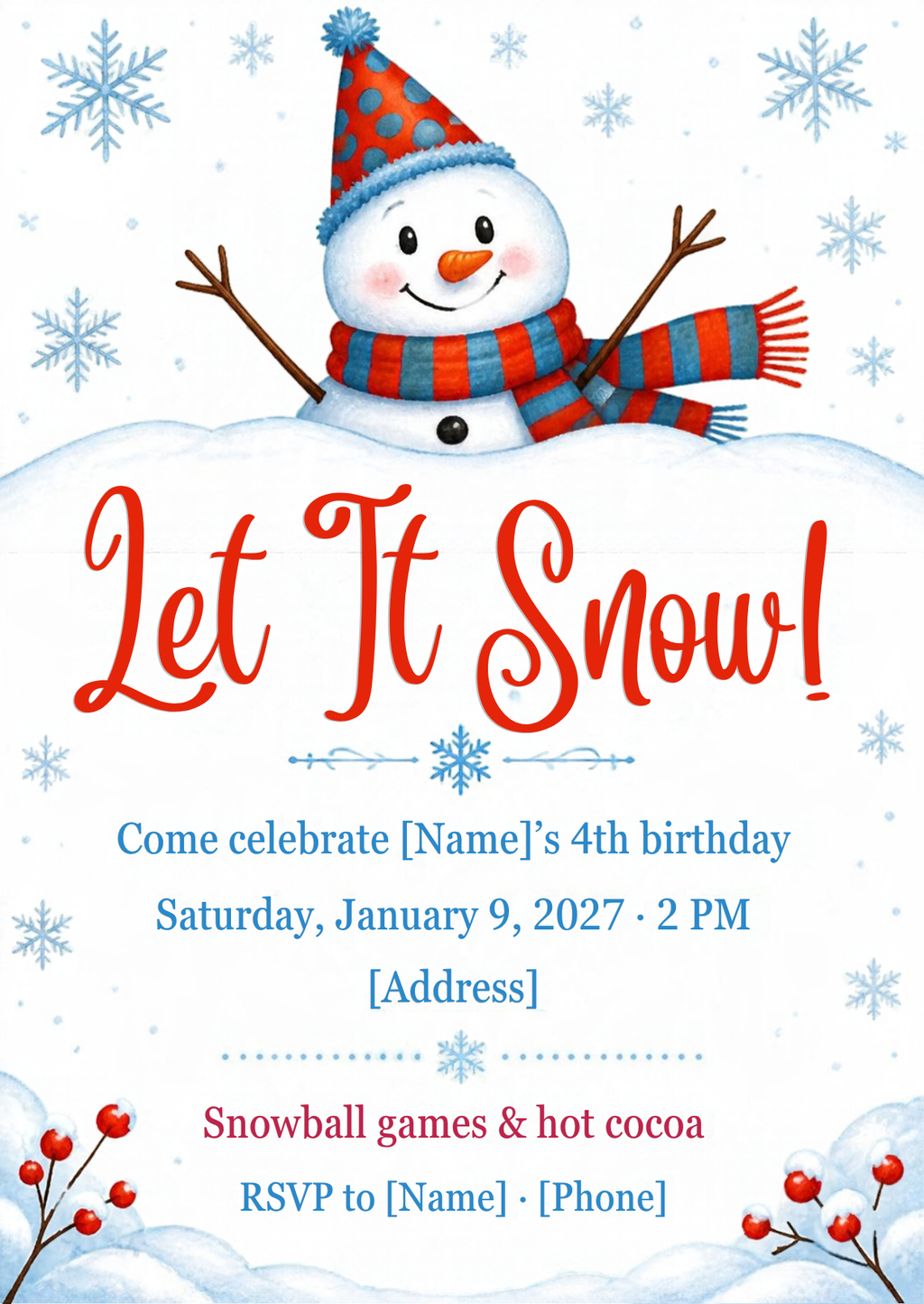 Snowman Winter Birthday Party Invitation – Editable Canva Template