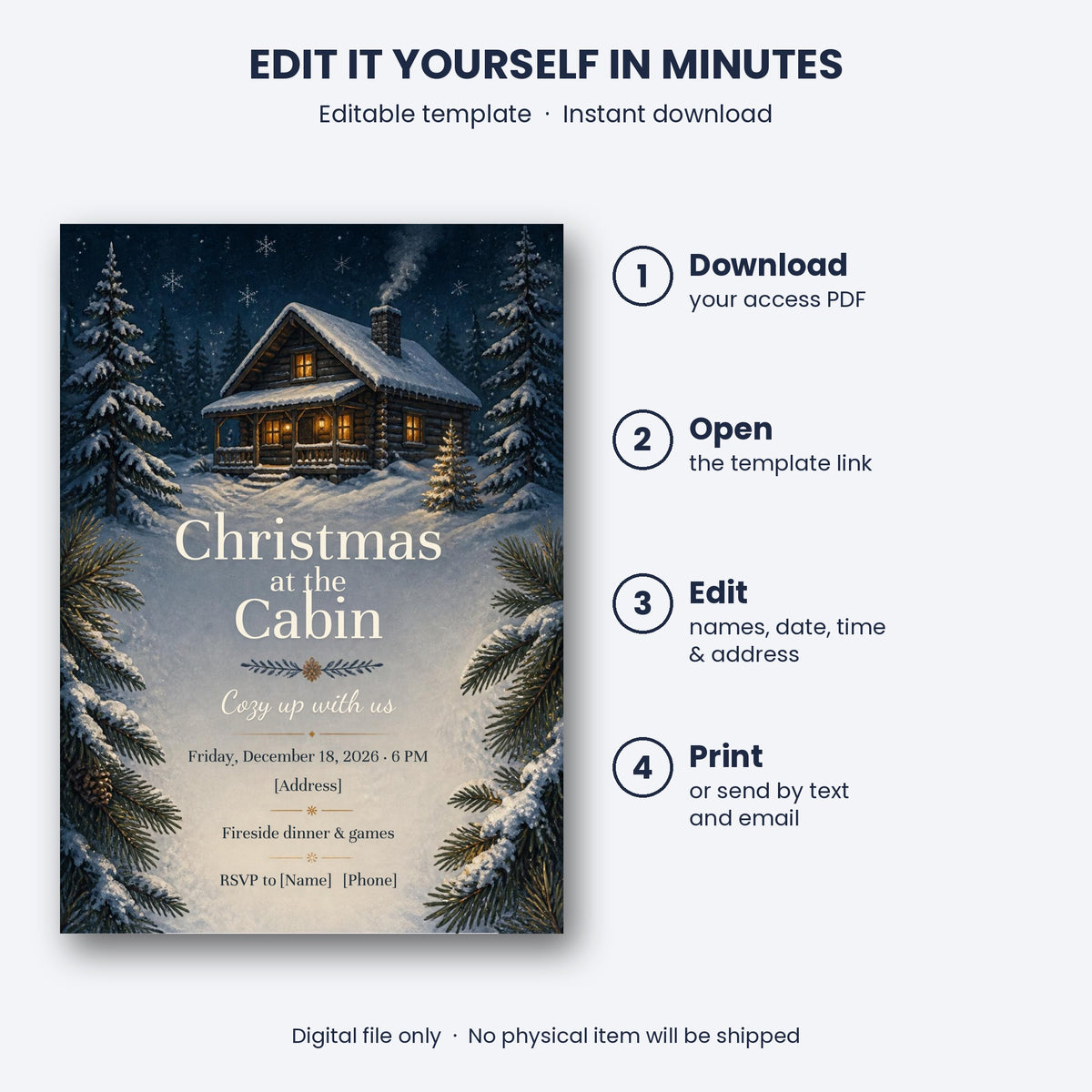 Snowy Cabin Christmas Party Invitation – Editable Canva Template