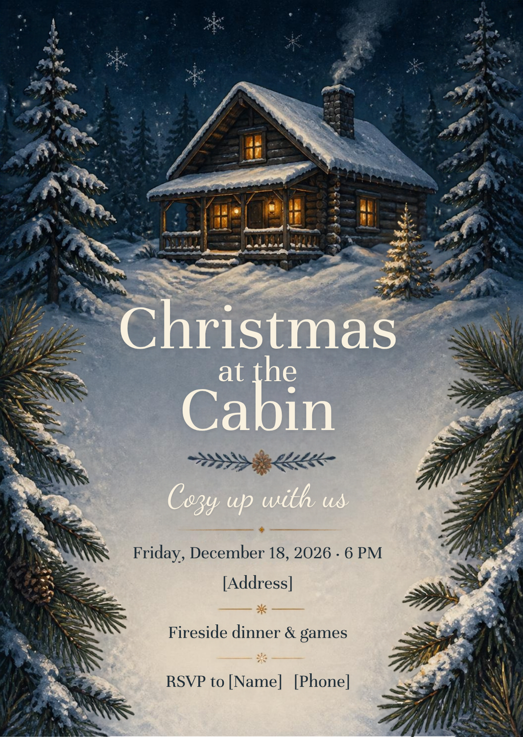 Snowy Cabin Christmas Party Invitation – Editable Canva Template