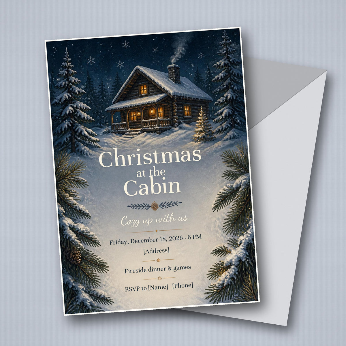 Snowy Cabin Christmas Party Invitation – Editable Canva Template