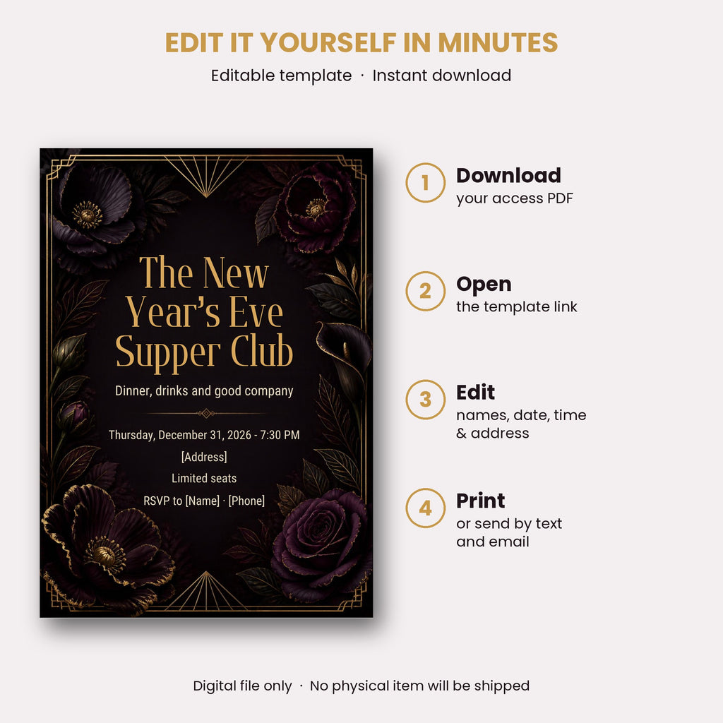 Dark Floral New Year's Eve Supper Club Invitation – Editable Canva Template