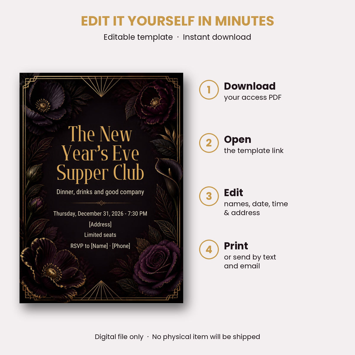 Dark Floral New Year's Eve Supper Club Invitation – Editable Canva Template