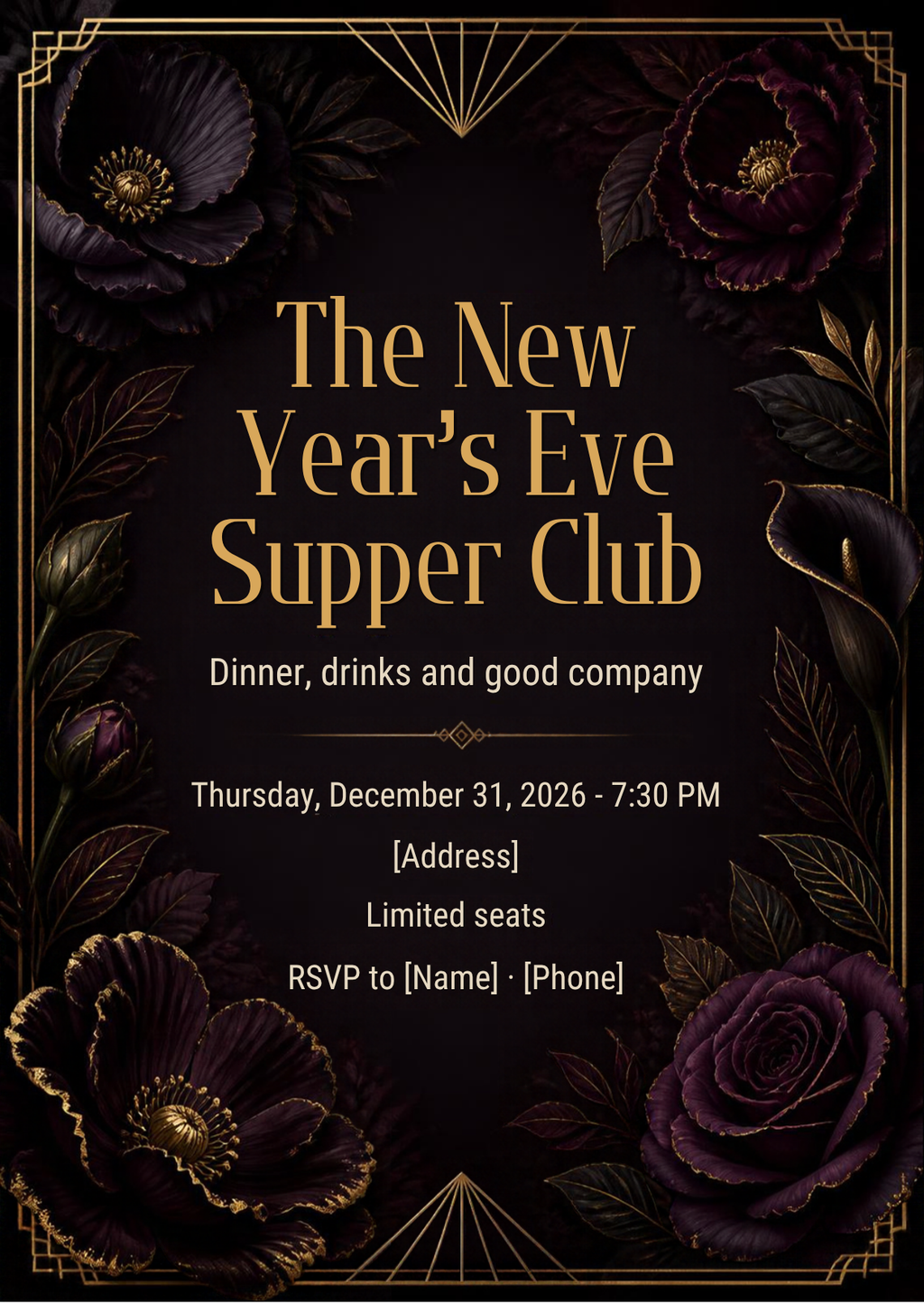 Dark Floral New Year's Eve Supper Club Invitation – Editable Canva Template
