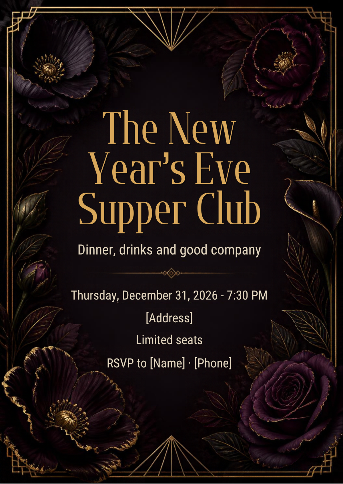 Dark Floral New Year's Eve Supper Club Invitation – Editable Canva Template