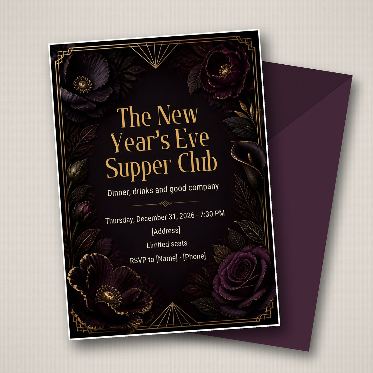 Dark Floral New Year's Eve Supper Club Invitation – Editable Canva Template