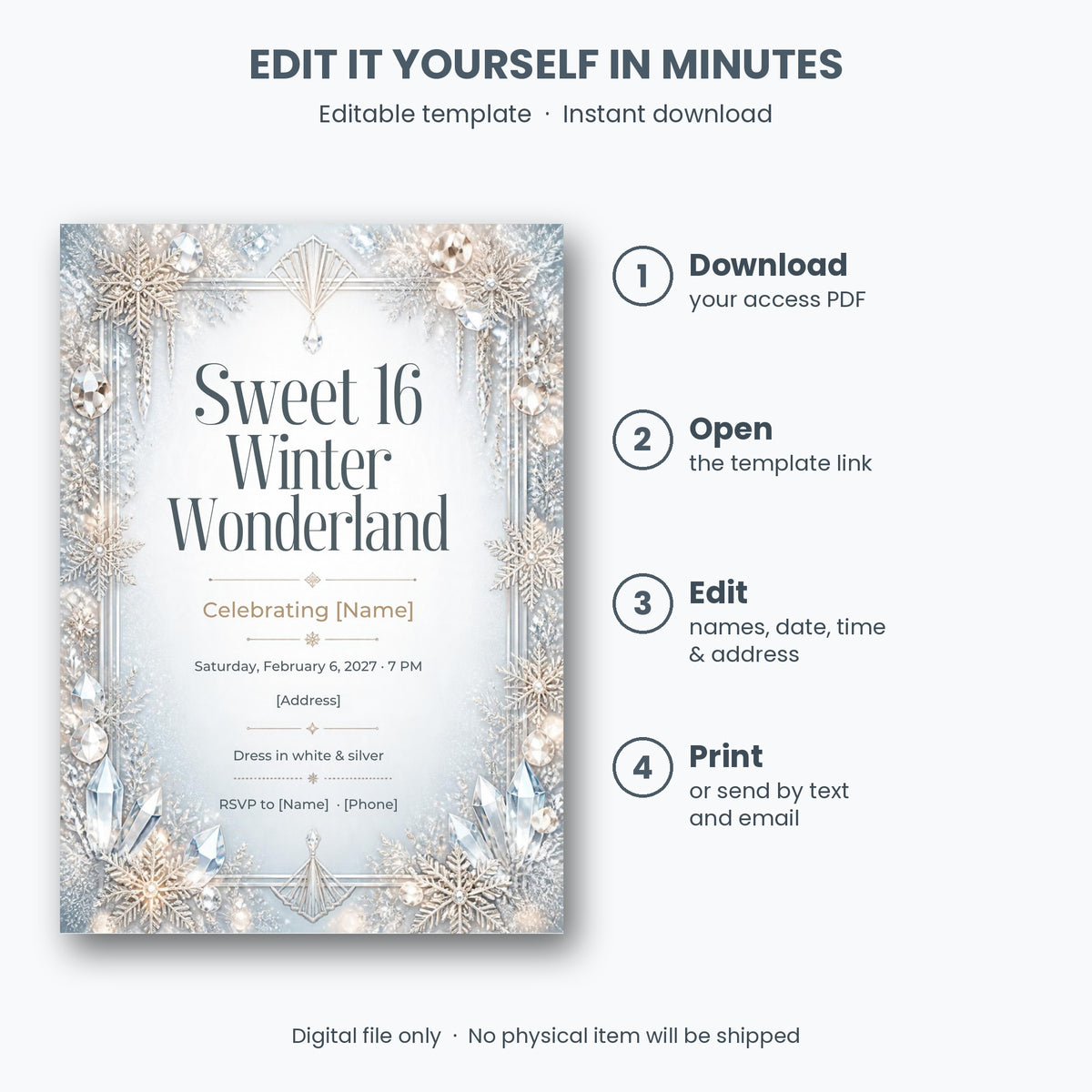 Sweet 16 Winter Wonderland Party Invitation – Editable Canva Template