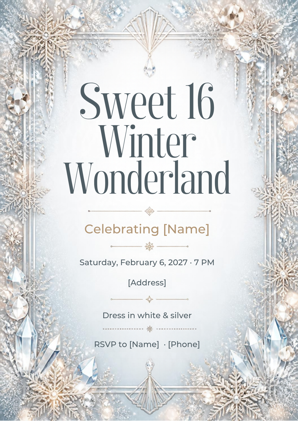 Sweet 16 Winter Wonderland Party Invitation – Editable Canva Template