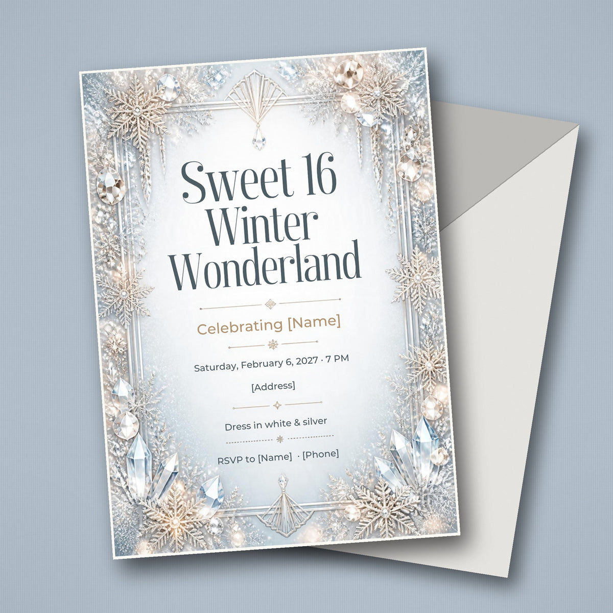 Sweet 16 Winter Wonderland Party Invitation – Editable Canva Template