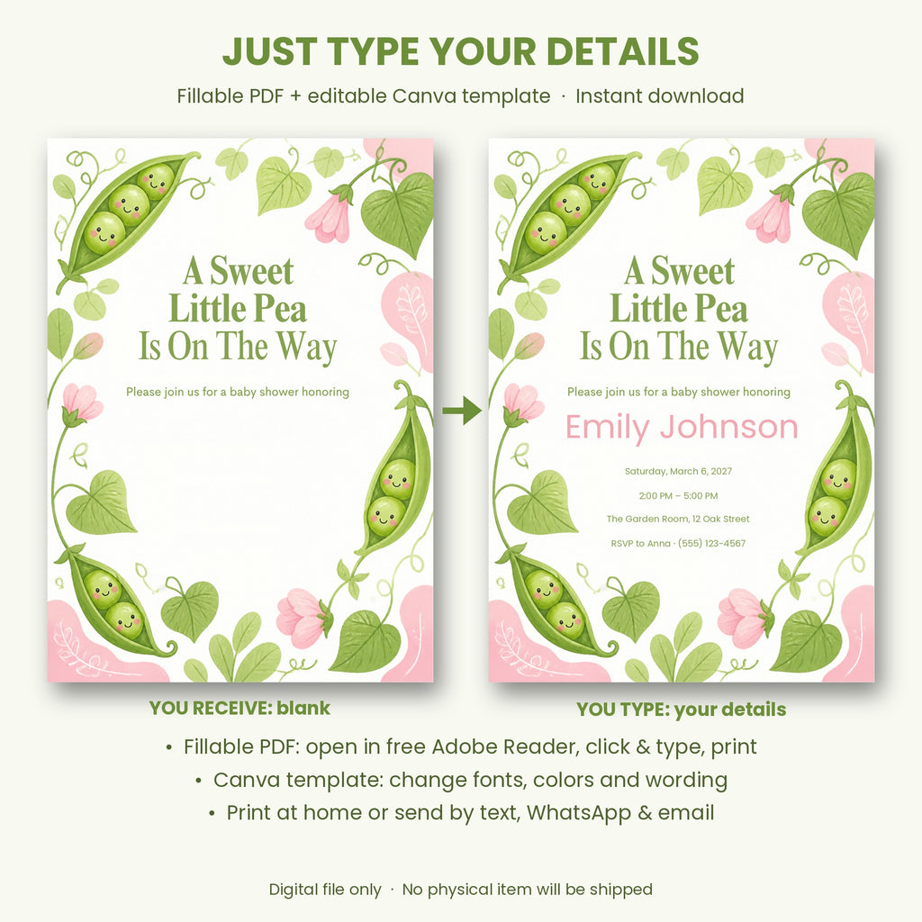 Sweet Pea Baby Shower Invitation – Fillable PDF & Editable Canva Template