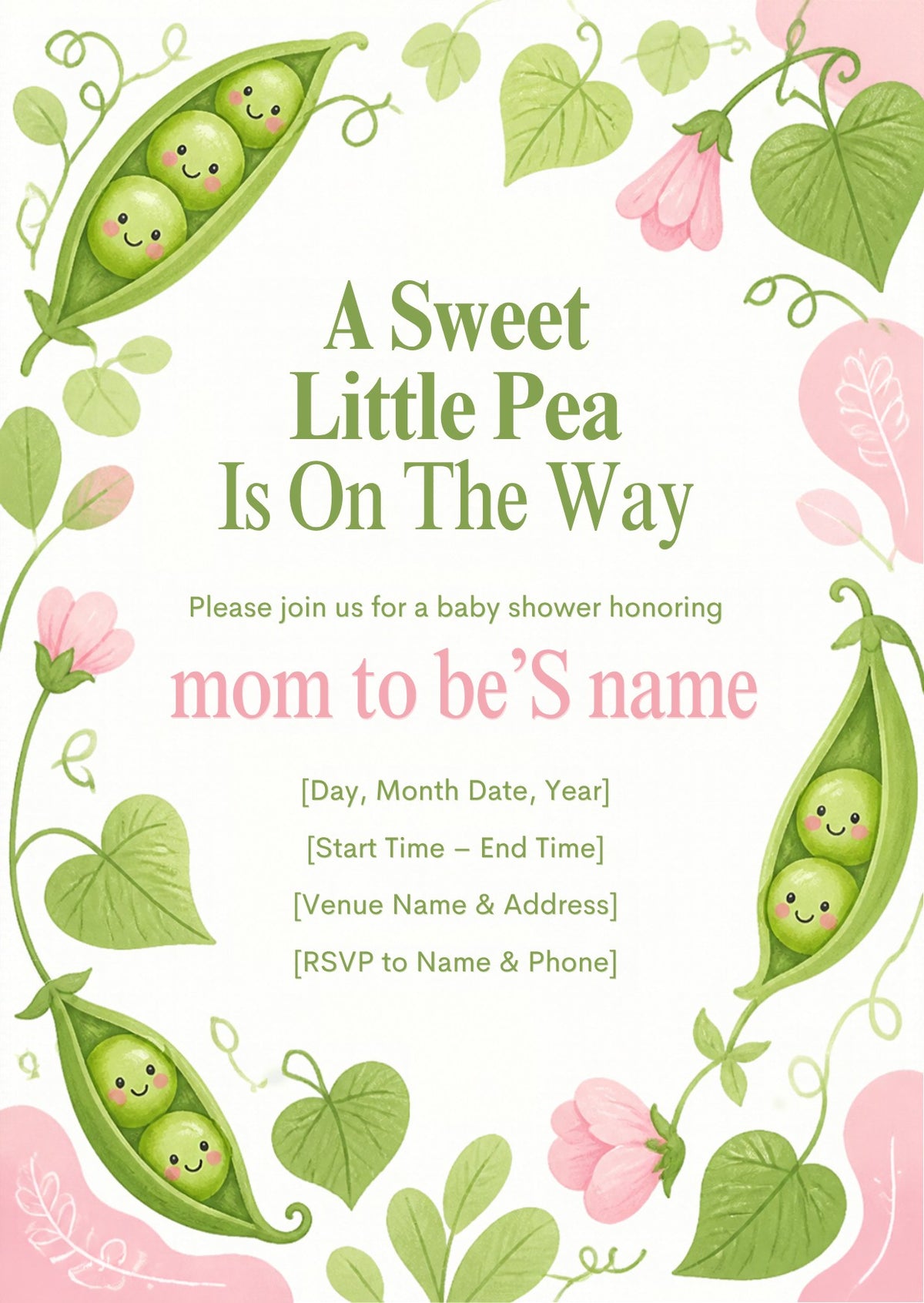 Sweet Pea Baby Shower Invitation – Fillable PDF & Editable Canva Template