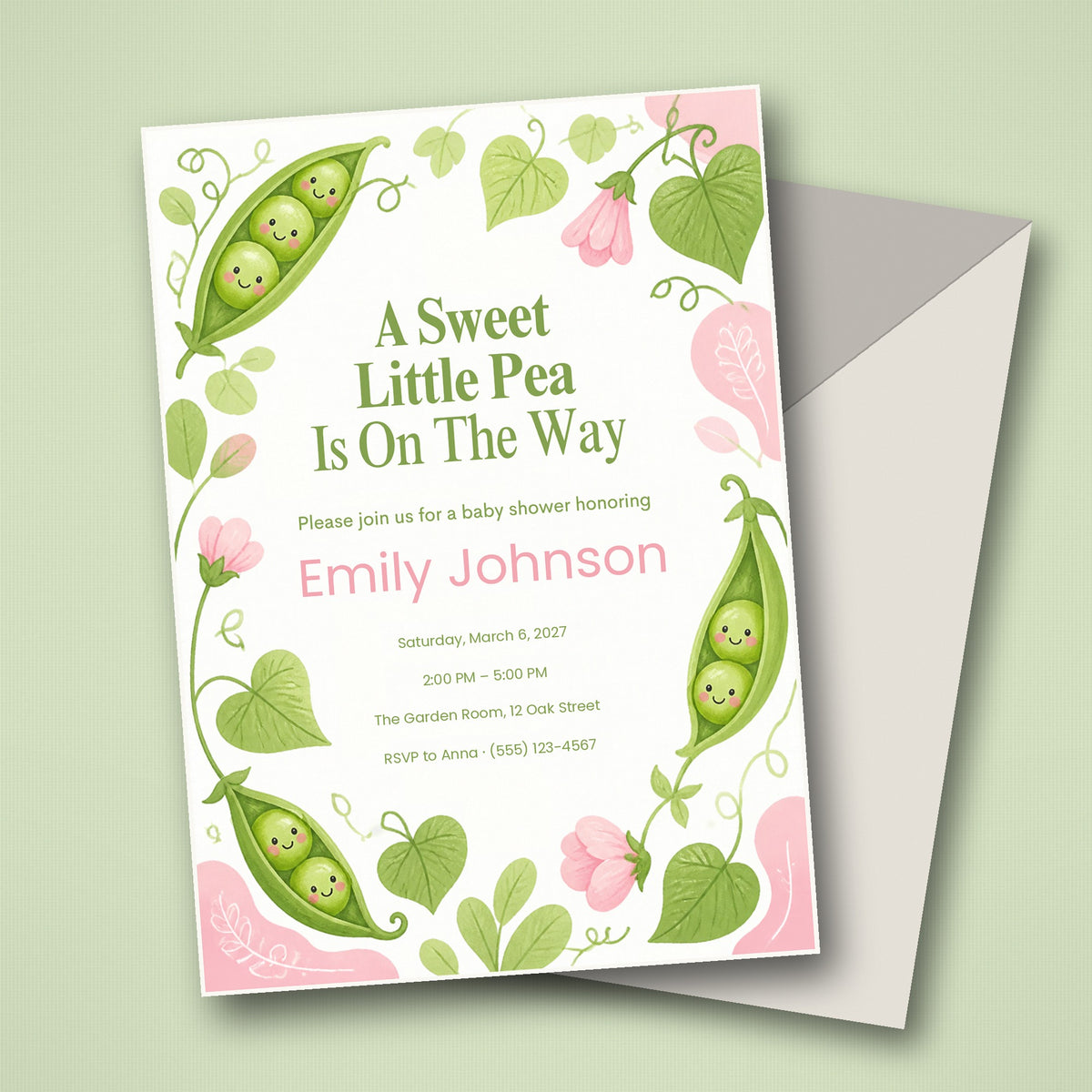 Sweet Pea Baby Shower Invitation – Fillable PDF & Editable Canva Template