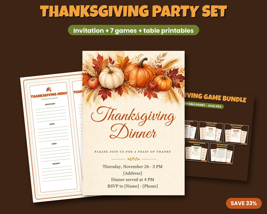 Thanksgiving Party Set – Invitation + 7 Printable Games + Table Printables