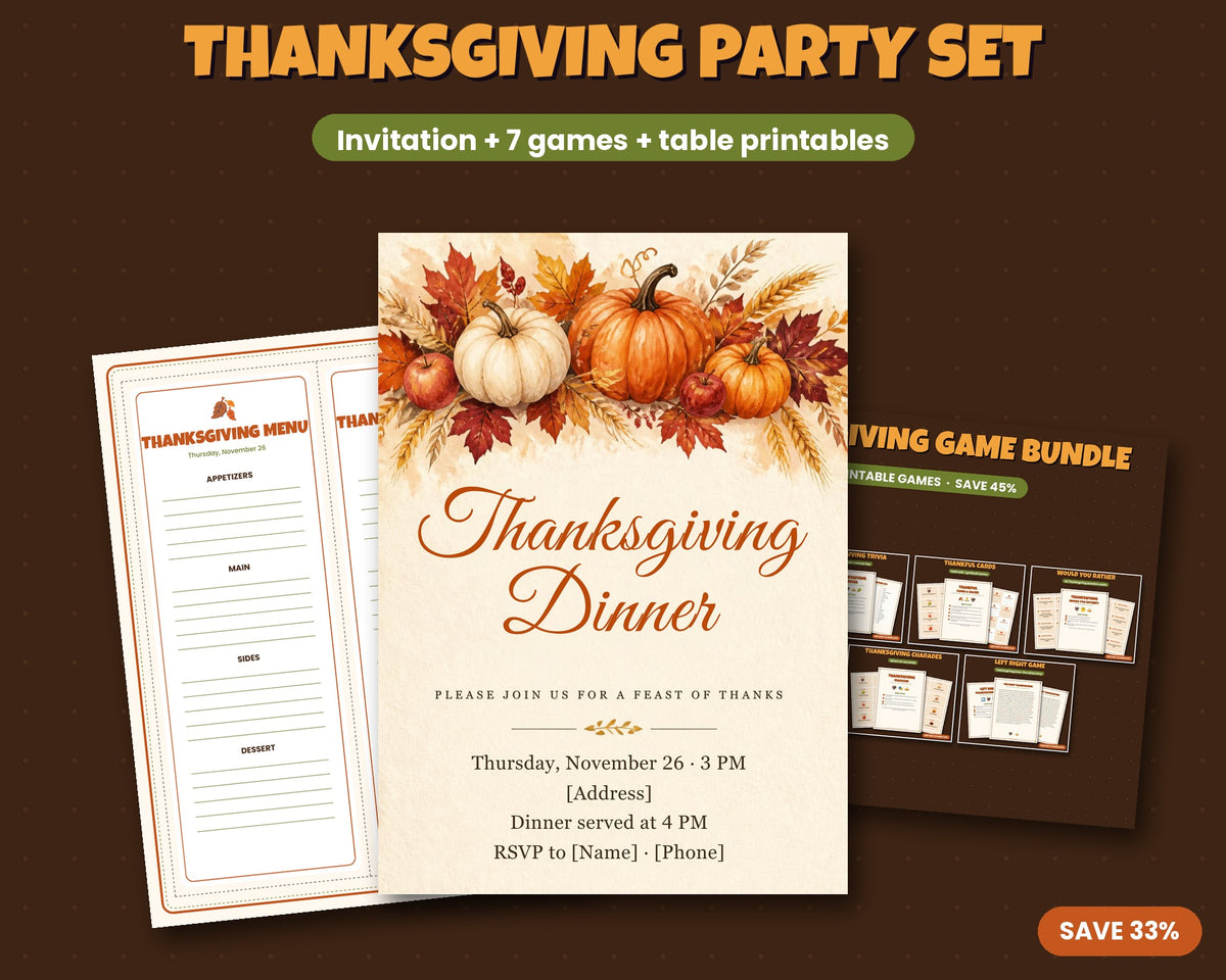 Thanksgiving Party Set – Invitation + 7 Printable Games + Table Printables