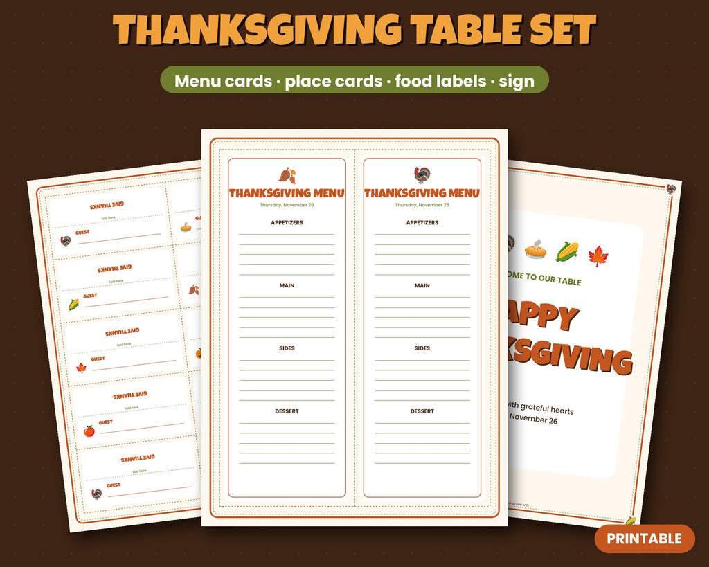 Thanksgiving Table Printables – Menu Cards, Place Cards, Food Labels & Welcome Sign