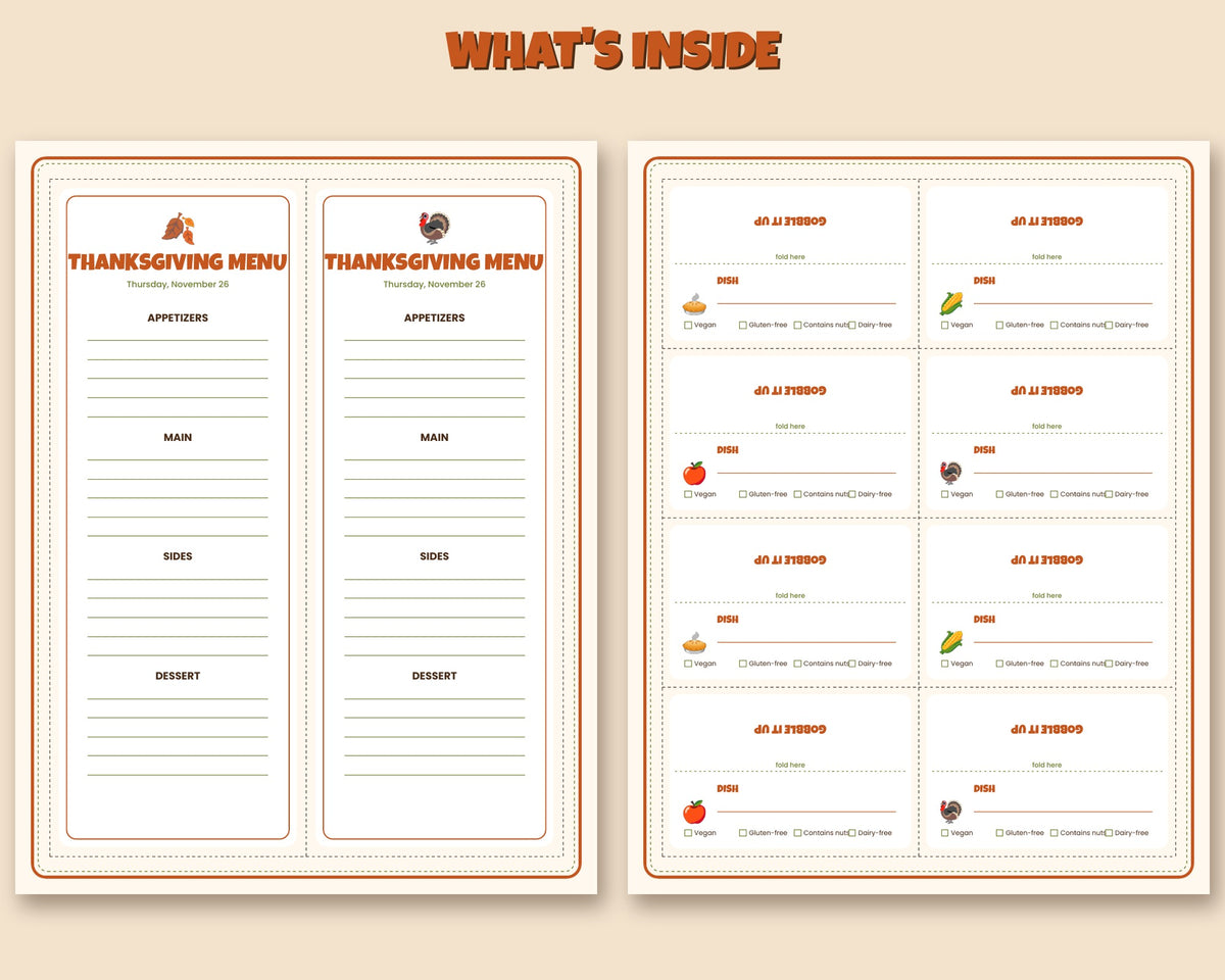 Thanksgiving Table Printables – Menu Cards, Place Cards, Food Labels & Welcome Sign