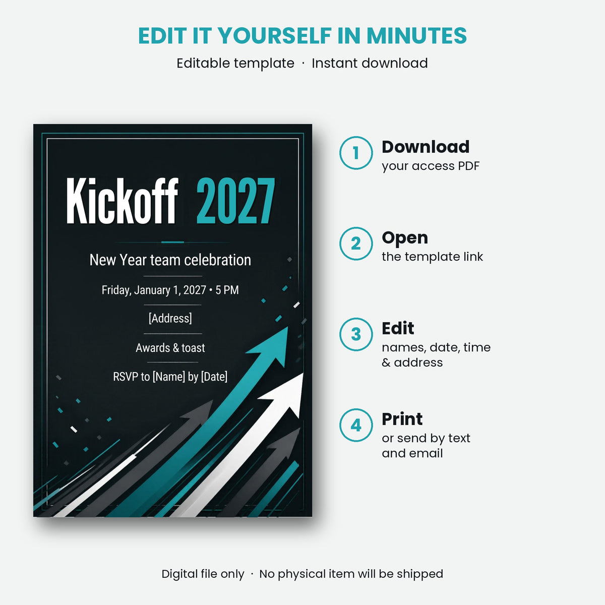 Kickoff 2027 New Year Team Celebration Invitation – Editable Canva Template