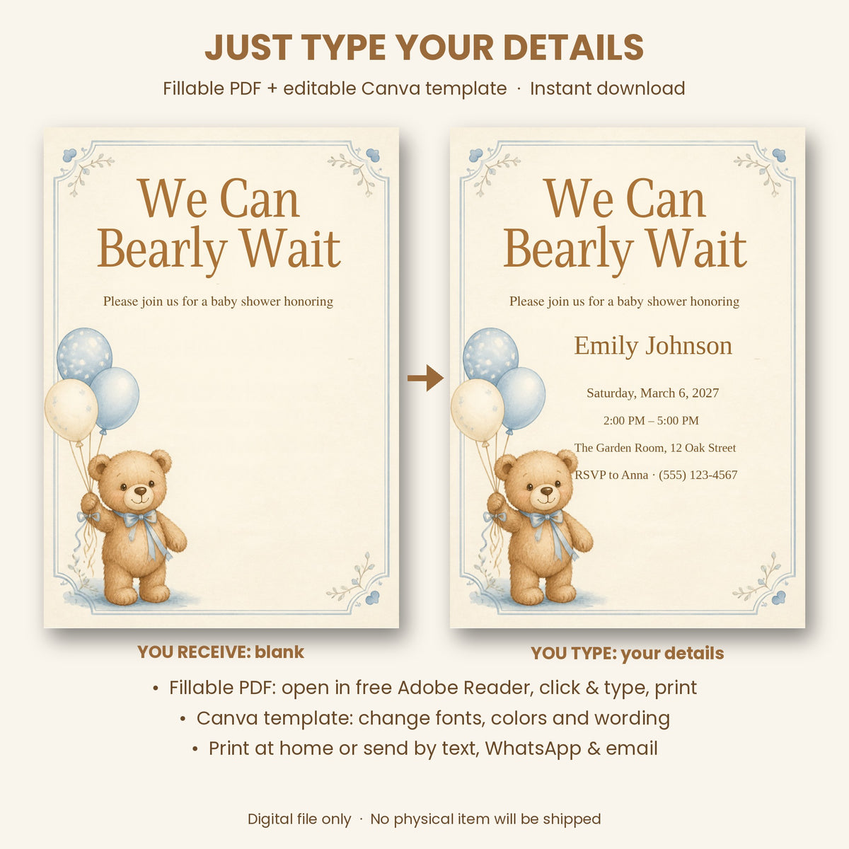 Teddy Bear Baby Shower Invitation – Fillable PDF & Editable Canva Template