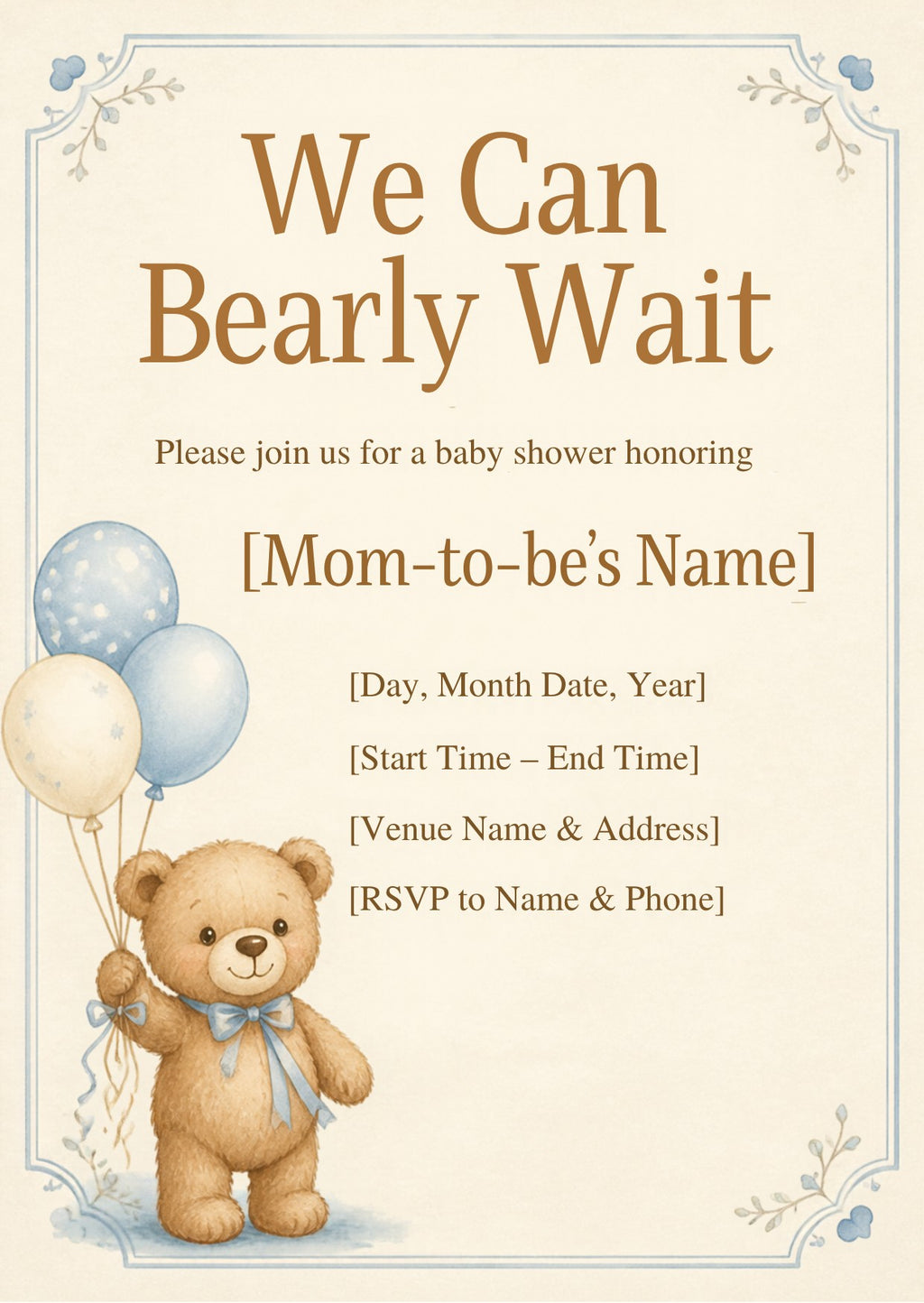 Teddy Bear Baby Shower Invitation – Fillable PDF & Editable Canva Template