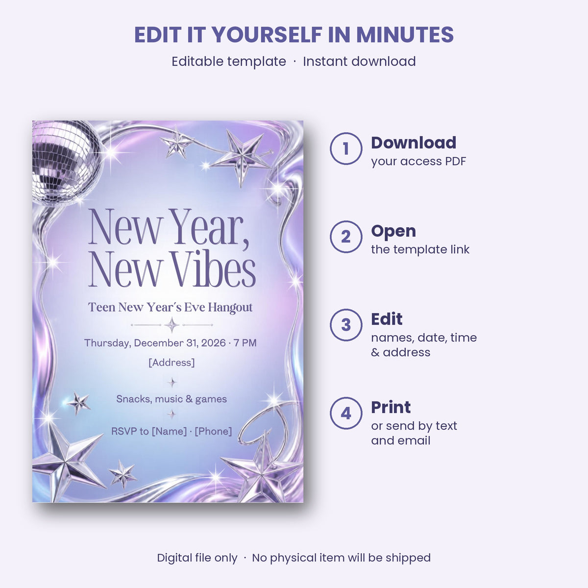 New Year, New Vibes Teen New Year's Eve Hangout Invitation – Editable Canva Template
