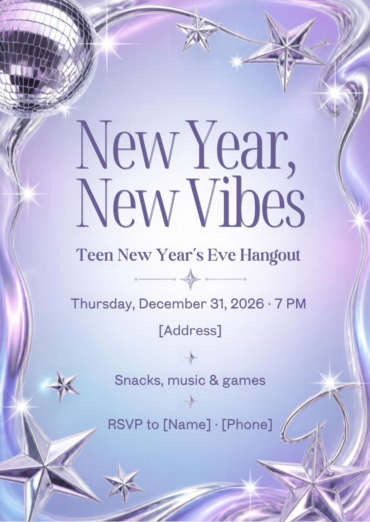 New Year, New Vibes Teen New Year's Eve Hangout Invitation – Editable Canva Template