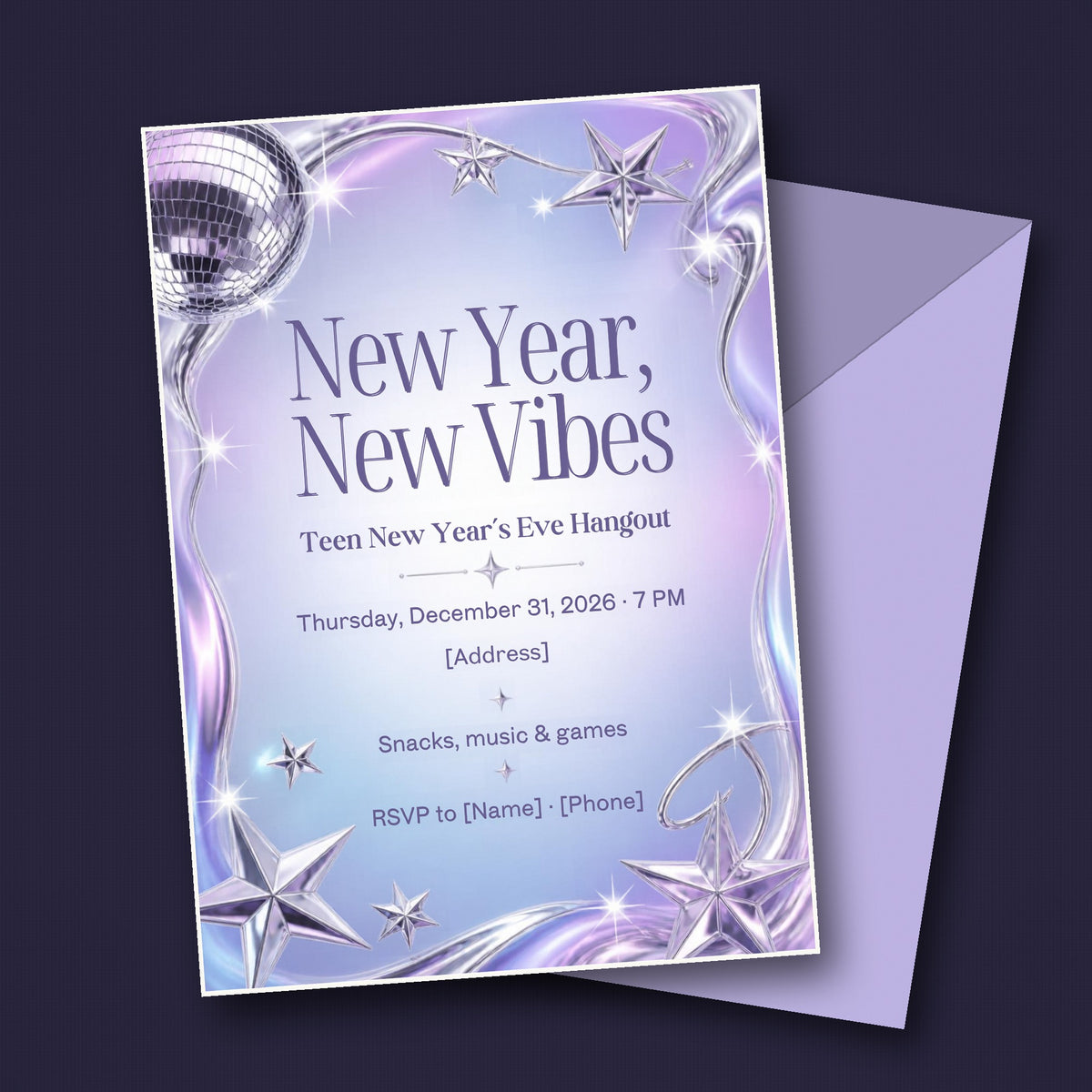 New Year, New Vibes Teen New Year's Eve Hangout Invitation – Editable Canva Template