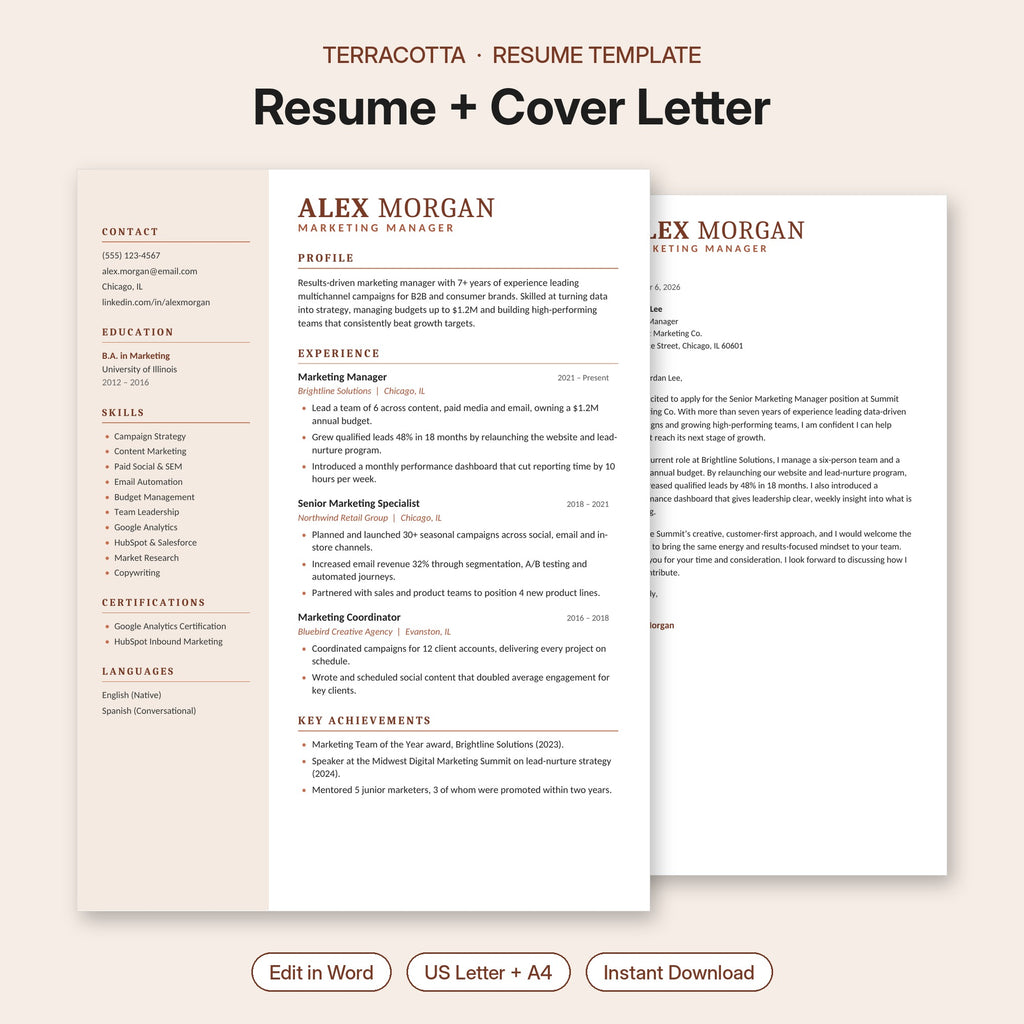 Terracotta resume template and cover letter – warm two-column editable Word resume