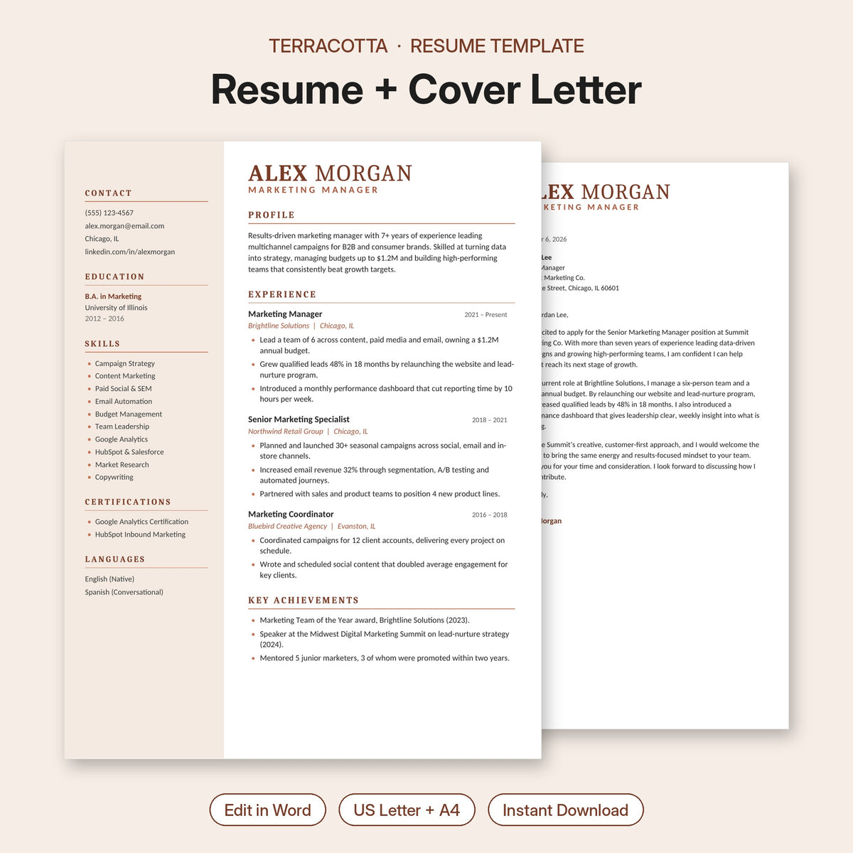 Terracotta resume template and cover letter – warm two-column editable Word resume
