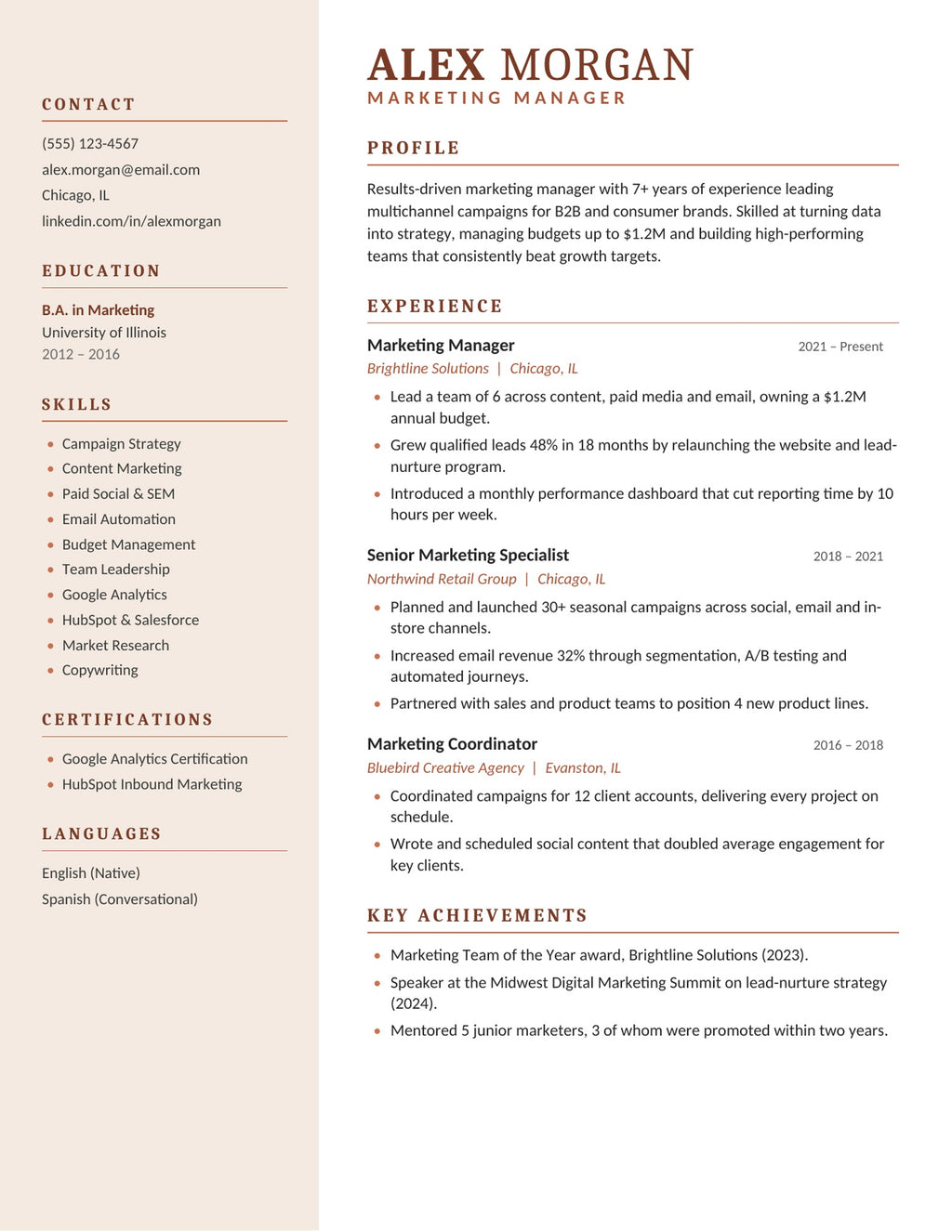 Terracotta one-page resume template with beige sidebar and terracotta headings