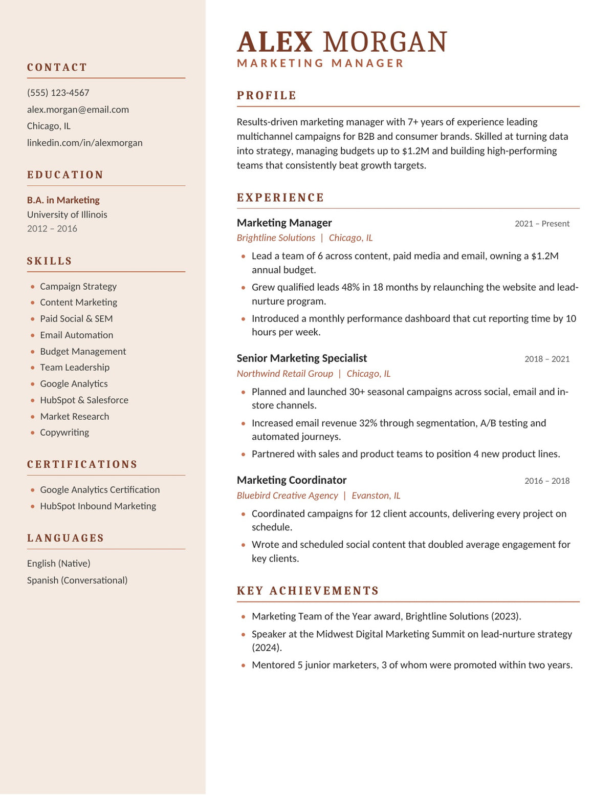 Terracotta one-page resume template with beige sidebar and terracotta headings
