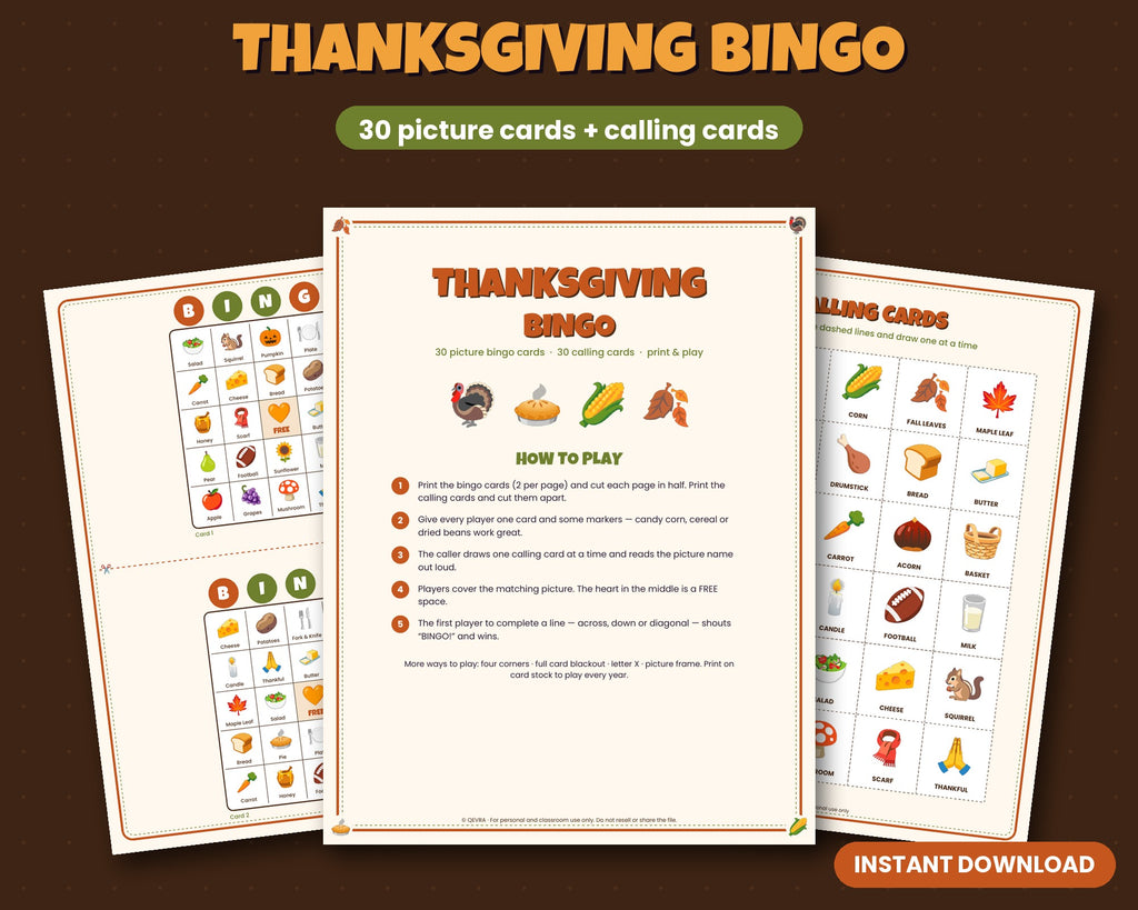 Thanksgiving bingo printable – 30 picture bingo cards and calling cards for kids and families