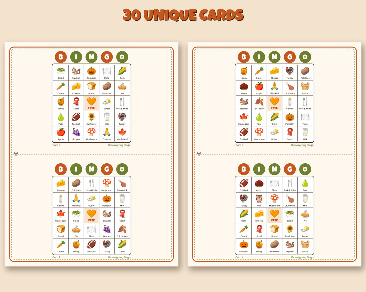 Thanksgiving bingo printable – 30 picture bingo cards and calling cards for kids and families – preview 3