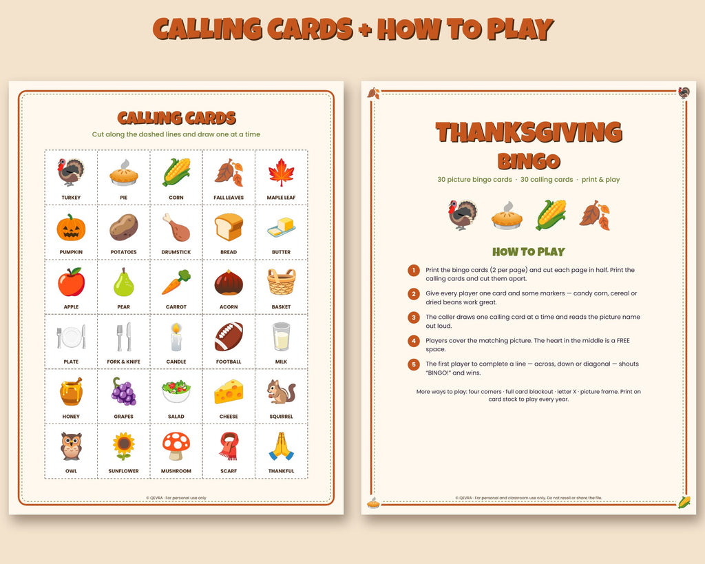 Thanksgiving bingo printable – 30 picture bingo cards and calling cards for kids and families – preview 2