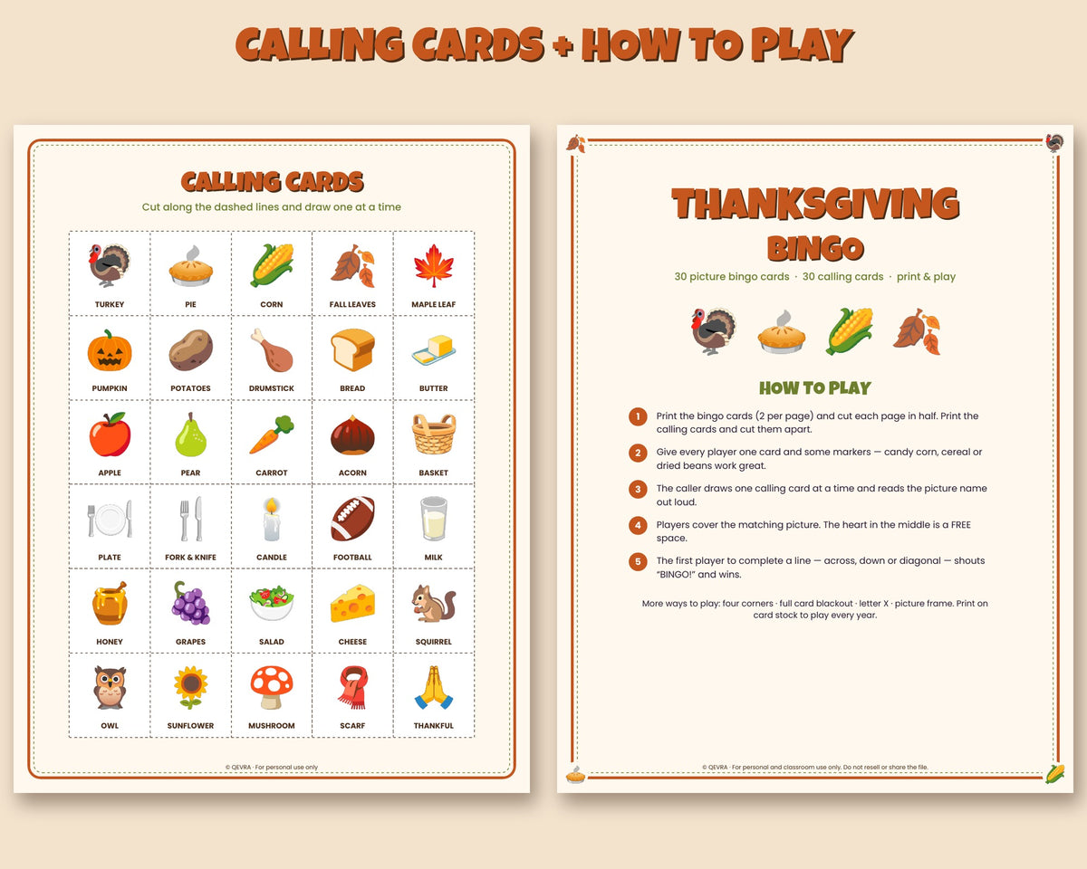Thanksgiving bingo printable – 30 picture bingo cards and calling cards for kids and families – preview 2