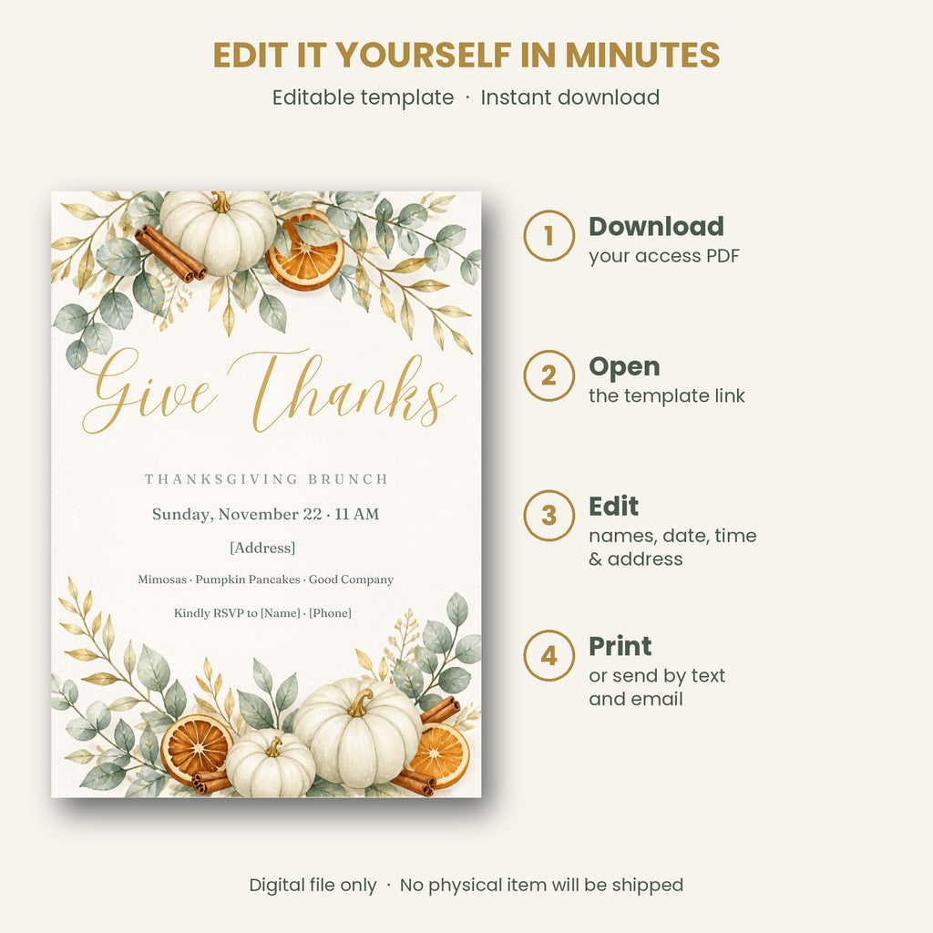 Thanksgiving brunch invitation – Give Thanks watercolor editable Canva template with white pumpkins and eucalyptus, 5x7 – preview 3