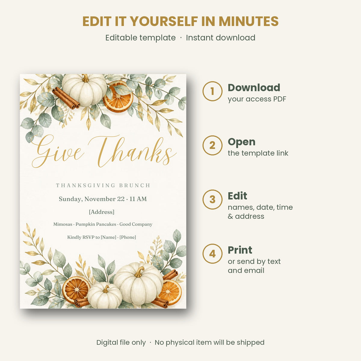 Thanksgiving brunch invitation – Give Thanks watercolor editable Canva template with white pumpkins and eucalyptus, 5x7 – preview 3