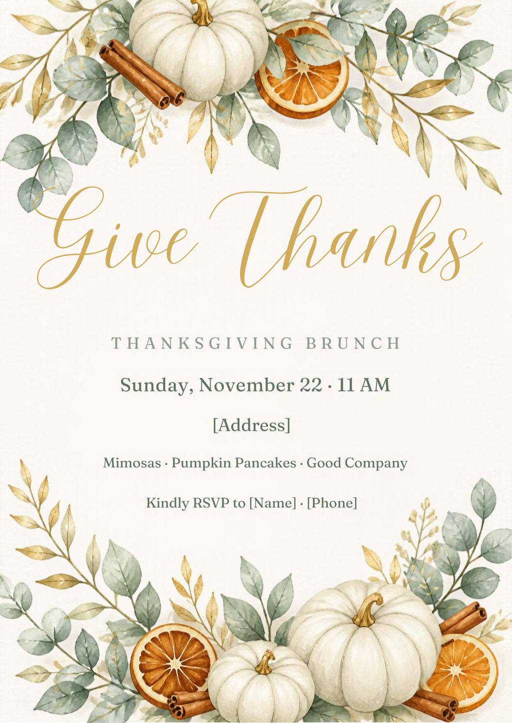 Thanksgiving brunch invitation – Give Thanks watercolor editable Canva template with white pumpkins and eucalyptus, 5x7 – preview 2