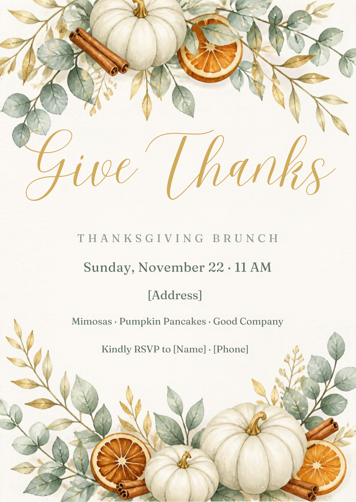 Thanksgiving brunch invitation – Give Thanks watercolor editable Canva template with white pumpkins and eucalyptus, 5x7 – preview 2