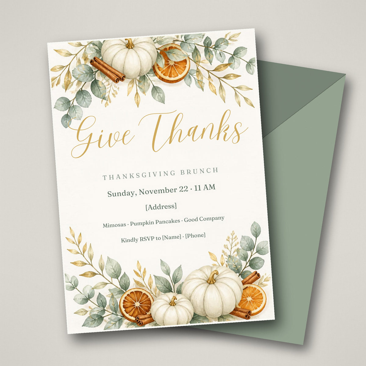 Thanksgiving brunch invitation – Give Thanks watercolor editable Canva template with white pumpkins and eucalyptus, 5x7