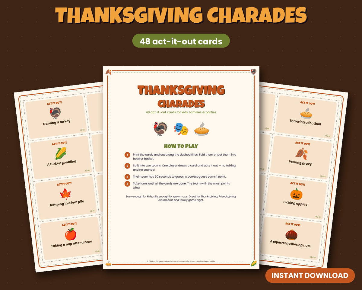 Thanksgiving charades printable – 48 act-it-out cards for kids, families and parties